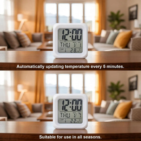 Solid Silent Digital Alarm Clock Featuring Gentle Snooze And Soft Glow Nightlight Shows Time Date And Indoor Temp in compact cube design.