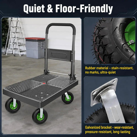 10 Inch Pneumatic Caster Wheel Set of 4 Includes Two Swivel and Two Rigid Plates on a floor-friendly cart with rubber tires.