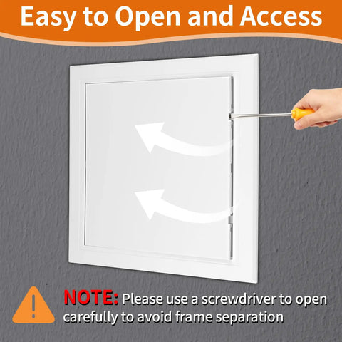 Built Tough Drywall Access Panel 10 By 10 Inch Plastic Wall Hole Cover For Ceiling Plumbing Featuring Dead Simple Mounting And Waterproof Pvc Shell That Hides Like A Boss, opened with a screwdriver.