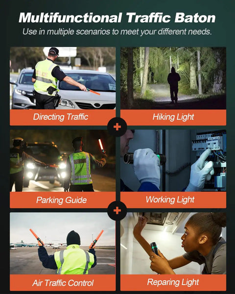 6 uses of 4 Pack 11 Inch LED Traffic Wand Baton With Orange Safety Cone Five Flashing Modes Lightweight Highly Visible Night Signal Light
