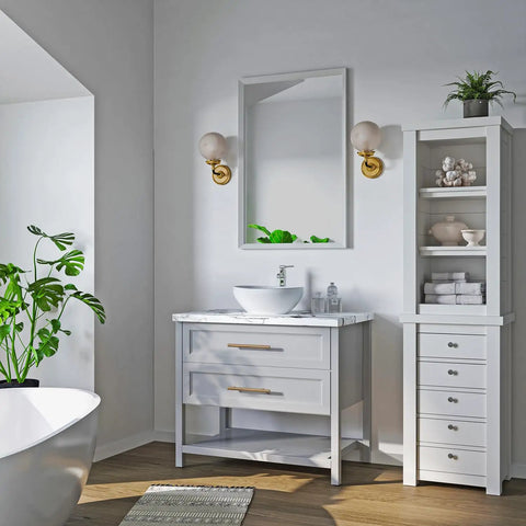 Modern bathroom interior with White Rectangular Ceramic Countertop Vessel Sink 24 By 14 By 4.33 Inches on vanity.