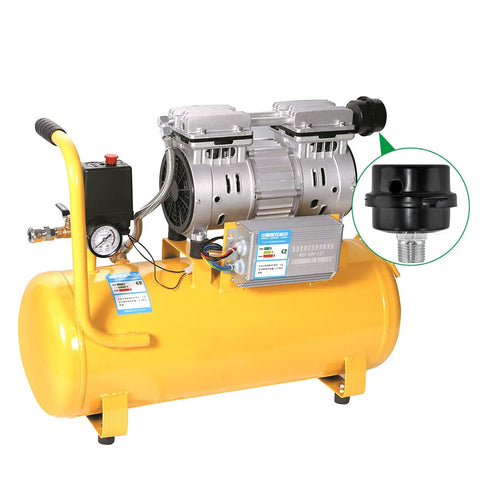 Yellow air compressor with inset showing Two Pack Three Eighths Inch Air Compressor Muffler Silencer With 16mm Inlet Filter