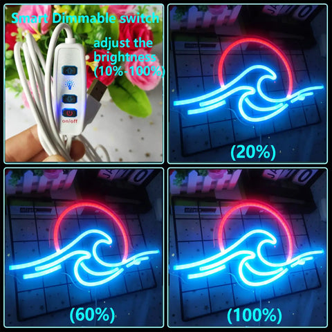 Sunrise Sunset Neon Sign Dimmable Wave Ocean Neon Wall Light with brightness control from 10% to 100% in ice blue and red