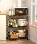 Rolling Kitchen Microwave Cart With 3 Tier Storage On Locking Wheels in brown with kitchen appliances and storage items visible.
