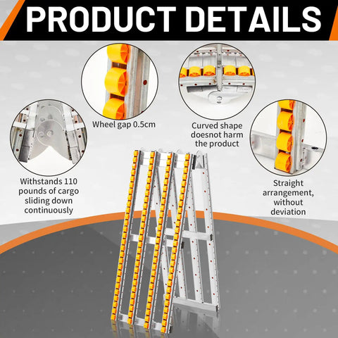 Close-up of Foldable Manual Gravity-Powered Conveyor Roller System showing details and folded view with steel frame.