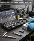 7/16 20 UNF Left Hand Tap And Die Set, High Speed Steel Machinist Grade Reverse Thread Repair Kit on workbench.