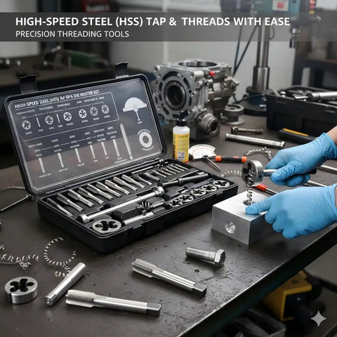 7/16 20 UNF Left Hand Tap And Die Set, High Speed Steel Machinist Grade Reverse Thread Repair Kit on workbench.