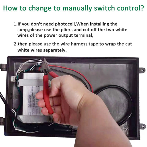 Hand using pliers to adjust wiring on Beefy 120W LED Wall Pack Flood Light with Dusk to Dawn Photocell, 750W HPS HID equivalent