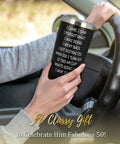 Funny 50th Birthday Tumbler 20 Oz Stainless Steel Insulated Cup For Men And Women Rocking The Big Fifty in hand while driving.
