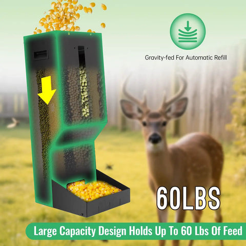 Heavy Duty Metal Deer Feeder With Gravity Dispenser For Protein And Corn Feed Built Like A Tank Rock Solid Galvanized Steel with 60 lbs capacity.