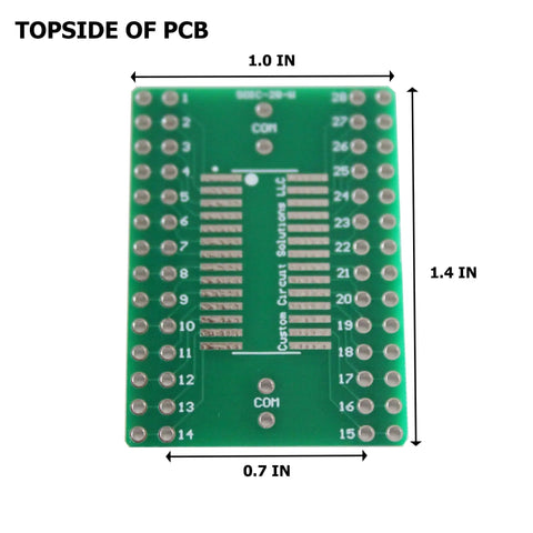 Top view of SMD To DIP Breakout PCB Module With SOIC 28 To DIP Adapter, dimensions 1.4 x 1.0 inches, green board