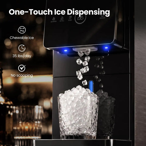 Smooth Crew Countertop Nugget Ice Maker With Tap On Dispenser dispensing soft chewable ice into a glass, showcasing its 35 lbs daily capacity.