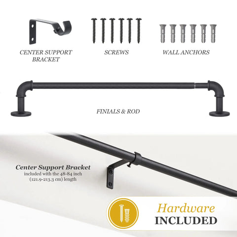 Industrial Pipe Curtain Rod In Textured Black Five Eighths Inch Diameter Adjustable Forty Eight To Eighty Four Inches with hardware