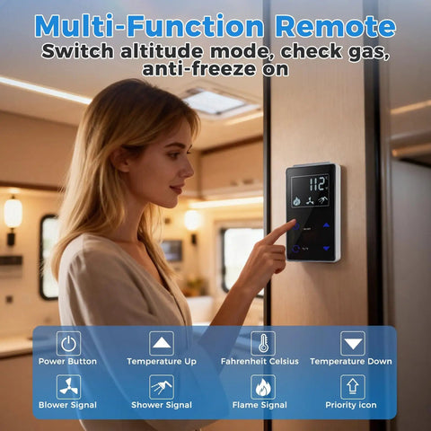 Multi-Function Remote for Compact Propane Tankless Water Heater For Rvs, showing temperature controls and signals.