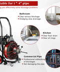 Heavy Duty 550W Drain Cleaning Machine Crushes Stubborn Clogs Like Butter With 100 Ft Steel Cable And Built In GFCI Protection for plumbing use.