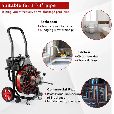 Heavy Duty 550W Drain Cleaning Machine Crushes Stubborn Clogs Like Butter With 100 Ft Steel Cable And Built In GFCI Protection for plumbing use.