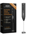 Rechargeable Milk Frother And Coffee Whisk With Dual Spring Tech, Whisper Quiet, Long Lasting Battery, Up To 30 Days Of Frothing Per Charge, Easy To Use Kitchen Gadget With 1 Year Replacement Warranty, shown with packaging