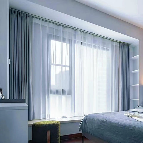 Ceiling Mount Telescopic Curtain Track System In White, Adjustable From 51.1 To 94.4 Inches, Easy Install, Smooth Aluminum Rail For Drapes, DIY Friendly, Durable Ceiling Curtain Rail For Living Room, installed in bedroom