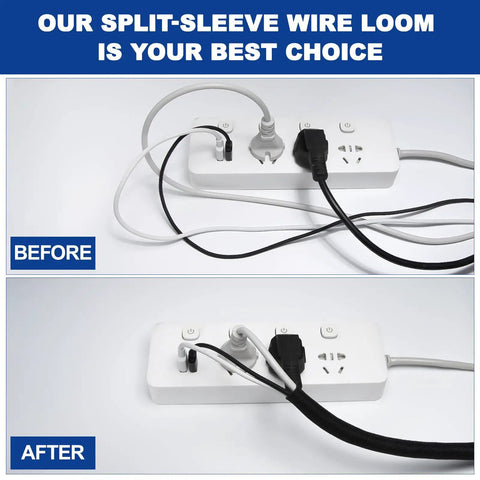 Split Sleeve Wire Loom For Auto Harness And Home Cable Management 25Ft Braided 1 Eighth Inch, before and after usage view.