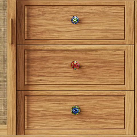 Ceramic Cabinet Knobs Set With Vintage Look Hand Painted Multicolor Mandala Designs For Doors, Wardrobes, Kitchen Cabinets, Drawers, Dresser, And Cupboards Pulls That Rad Upgrade For Your Space, featured on a wooden dresser.