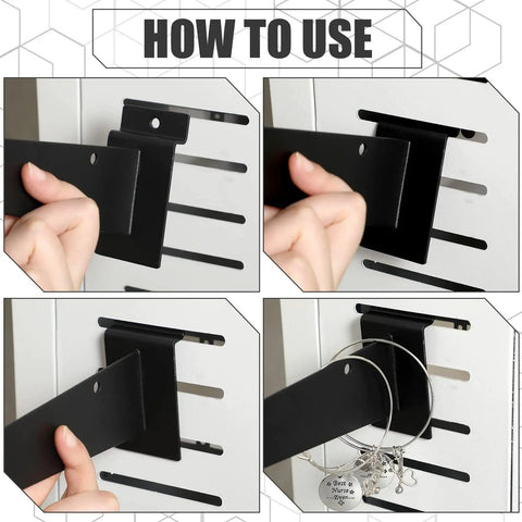 Hands installing 10 Pack 12 Inch Slatwall Shelf Brackets With Lip Heavy Duty Metal Slat Wall Brackets For Shelving And Display In Garage Kitchen Or Shop Bulk Black Finish Durable Mounting Accessories onto a slat wall.