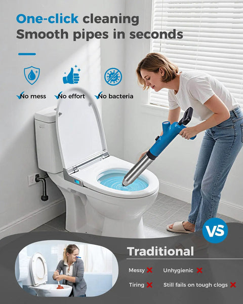 Heavy Duty Air Toilet Plunger And Drain Auger Featuring A Smart Real Time Pressure Gauge for easy toilet cleaning and clogs removal.