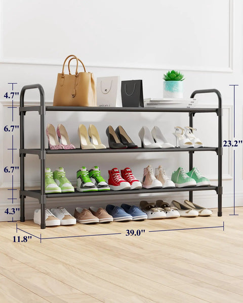 Super Spacious Three Tier Shoe Rack For Closet Organization Extra Long Black Storage Holder Fits Multiple Sneakers And Boots Total Floor Savers You Are Gonna Love