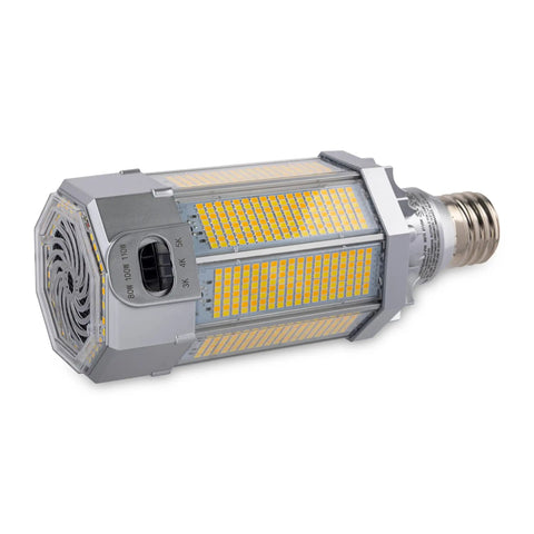 Built Different Heavy Duty LED Post Top Light, Wattage Selectable 80W 100W 110W, Smooth Dimmable EX39 Mogul Base, bulb showing selectable color temperatures.