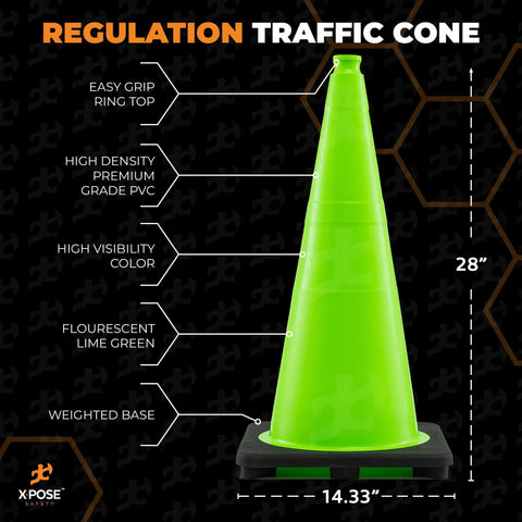 28 Inch Lime Green Traffic Cone 6 Pack Heavy Duty PVC Safety Cone For Parking Lots Construction Zones Road Crews And Emergency Vehicles DOT Approved For Parking Lot Safety And Traffic Control In Any Weather