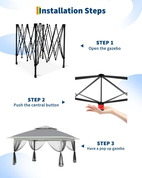 13x13 Ft Pop Up Gazebo With Mosquito Netting For Backyard Patio Or Deck One Push Center Lock Quick Setup Easy Breezy Assembly steps