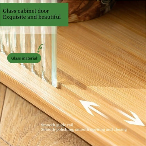 Movable Glass Cabinet Side Table With Wheels showing close-up of glass door and wooden guide rail