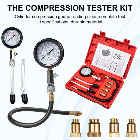 Gas Engine Cylinder Compression Tester Kit 8 Piece Auto Gauge Set Pro Grade For Cars Motorcycles Outboards Snowmobiles And Chainsaws 0 To 300 PSI Reading Quick Accurate Compression Test Durable Rust Resistant Handheld Tool displayed with components and carrying case.