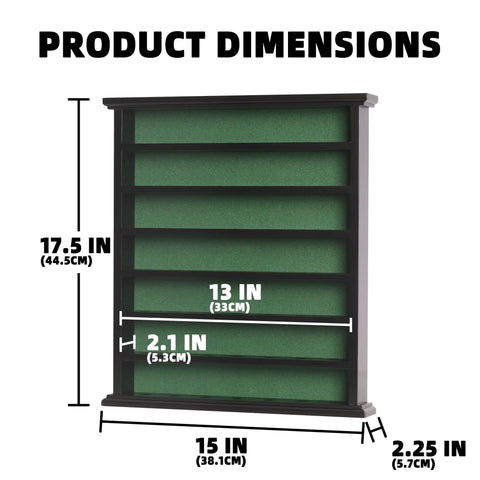 Open Golf Ball Display Case Rack In Black Finish With Green Felt Interior And Dimples On Shelves No Door Cabinet, 15W x 17.5H x 2.25D