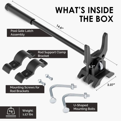 Pool Gate Latch for Chain Link Fences, Kid Proof Gate Lock, Heavy Duty Safety Latch with high reach release components
