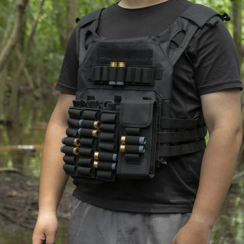 Man wearing tactical vest with 4 Pack Shotgun Shell Holder Side Saddle For 12 Gauge With 7 Rounds Buttstock Card Nylon Durable