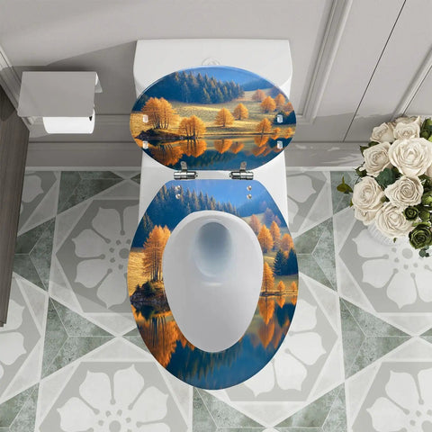 Elongated Toilet Seat for Bathroom with scenic landscape design, fitting standard toilets, measures 14.5" x 18.5".