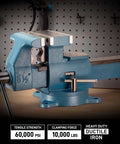 Heavy Duty Reversible Bench Vise With Dual Jaw Configurations 6.5 Inch Jaw Width And 6.7 To 10.8 Inch Jaw Opening Perfect For Handling Big And Small Workpieces In The Shop Durable Pro Grade Build For Pros And DIY Enthusiasts., blue ductile iron bench vise with 6.5 in jaws and 360 swivel base