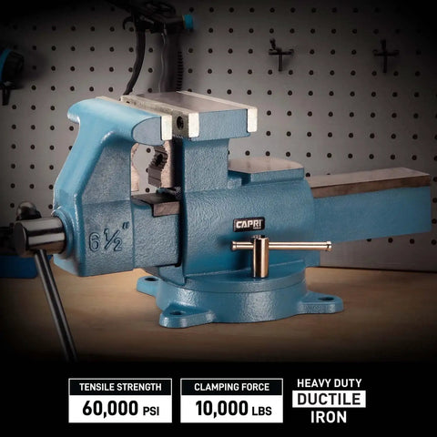 Heavy Duty Reversible Bench Vise With Dual Jaw Configurations 6.5 Inch Jaw Width And 6.7 To 10.8 Inch Jaw Opening Perfect For Handling Big And Small Workpieces In The Shop Durable Pro Grade Build For Pros And DIY Enthusiasts., blue ductile iron bench vise with 6.5 in jaws and 360 swivel base