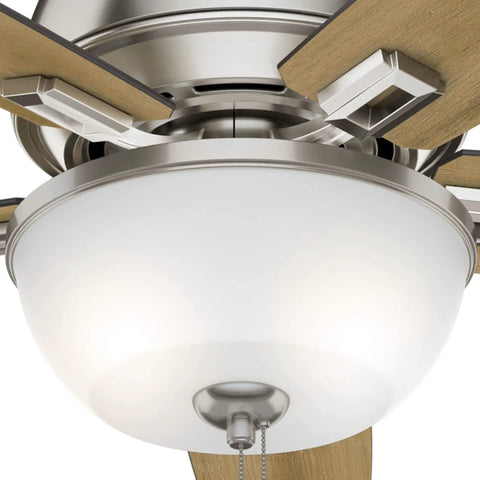 Close-up of the Donegan 52 Inch Brushed Nickel Low Profile Ceiling Fan with Dope LED Light Kit and Pull Chain, Satin Nickel Frosted Glass