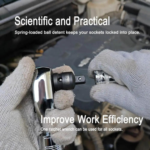 Impact Socket Adapter And Reducer Set In One Quarter, Three Eighths, And One Half Inch Sizes, Chrome Vanadium Steel in use.