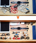 Two drawer views: before and after using leather cord organizer and cable keeper case for earbuds and headphones, USB holder, velcro cable ties.