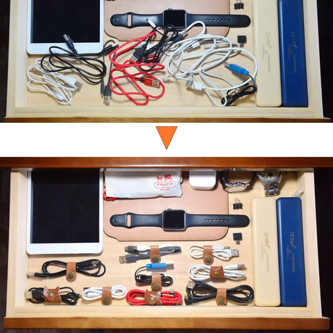 Two drawer views: before and after using leather cord organizer and cable keeper case for earbuds and headphones, USB holder, velcro cable ties.