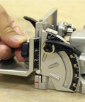 Close-up of 18V LXT Cordless Plate Joiner with Rack-and-Pinion Fence and aluminum pivot, showing depth settings and angle stops.