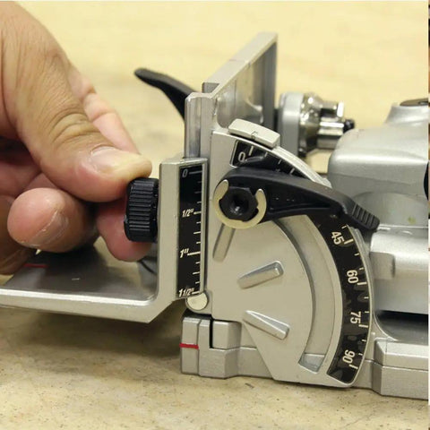 Close-up of 18V LXT Cordless Plate Joiner with Rack-and-Pinion Fence and aluminum pivot, showing depth settings and angle stops.