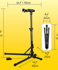 Lift-Assisted Foldable Bike Repair Stand For E-Bikes With Foot Pedal Hydraulic Lift, shown with dimensions and foldable design