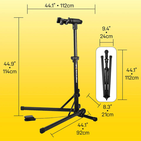 Lift-Assisted Foldable Bike Repair Stand For E-Bikes With Foot Pedal Hydraulic Lift, shown with dimensions and foldable design