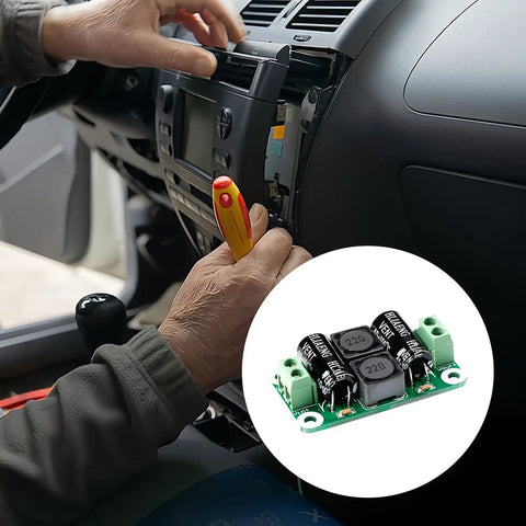 Installation of Clean Power Supply Filter Board Zero To Fifty Volt Three Amp Hiss Killer For Car Audio And Industrial Gear.