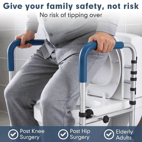 User gripping Heavy Duty Toilet Safety Rail With Reinforced Wheel Support Frame And Anti Slip Locking Feet Built Tough For Seniors To Sit And Stand Dead Steady At Home Supports Up To 350 Pounds Without A Single Wobble.