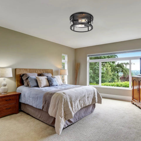 Bedroom view with Industrial Flush Mount Ceiling Light with Seeded Glass Shade for Hallway Entryway Kitchen Living Room Bright 2 Light E26 Fixture