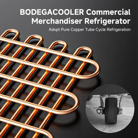 Real Deal 53 Cu Ft Three Door Commercial Display Refrigerator For Bodegas Beverage Merchandiser Cooler showing copper tube refrigeration detail.